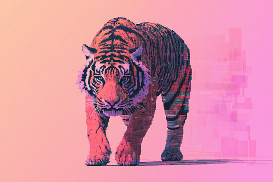 NFT digital tiger with pixelated fur and glitch patterns
