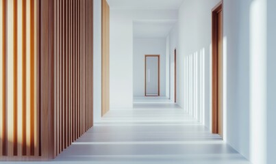 Fototapeta premium Sunlit minimalist hallway with wooden slats and doors.