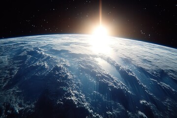 Earth seen from space, sunrise, detailed surface texture,  stars, space,  glowing sun,  outer space,  cosmic,  planet,  blue,  white,  sunlight,  bright,  beautiful,  astronomy,  science,  digital