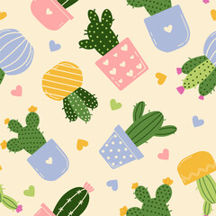Seamless vector pattern prickly cacti in pots on beige background. House plants print for children's textiles