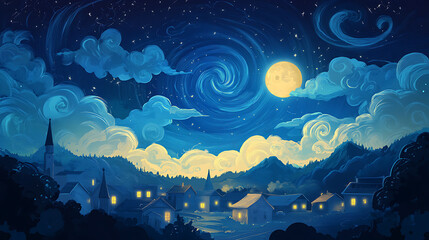 Moonlit Village Under Starry Night Sky With Swirling Clouds and Mountains.