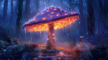 Glowing mushroom in rain, magical forest, fantasy background, nature wallpaper. Enigmatic Spores. Illustration