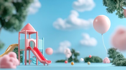 Pastel-colored playground with slide, balloon, and whimsical clouds in a sunny outdoor setting.