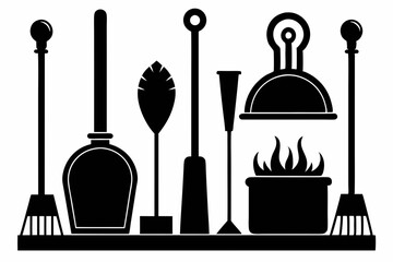 fireplace tool set line art silhouette vector illustration