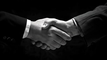 Monochrome business handshake signifying partnership, agreement, collaboration between corporate executives, emphasizing trust and success in blurred background.