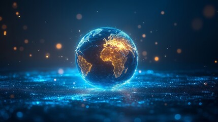 A glowing digital Earth with city lights, showcasing continents in a futuristic cosmic scene.