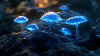 Fototapeta premium Luminous blue mushrooms growing on dark rock. Enigmatic Spores. Illustration