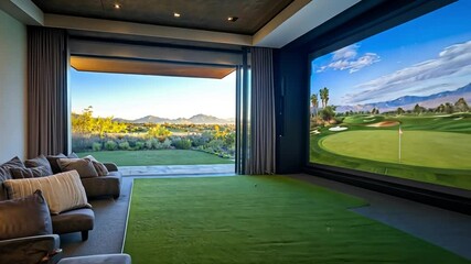 Modern living room with golf simulation and outdoor view of mountains