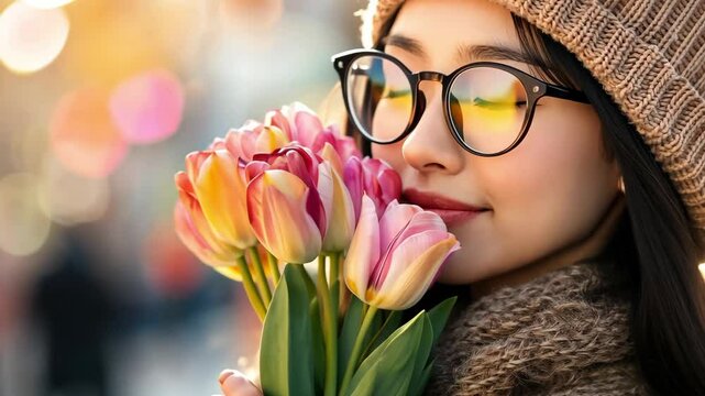 Young woman enjoying tulips while wearing glasses and a cozy scarf in a vibrant outdoor setting during golden hour
