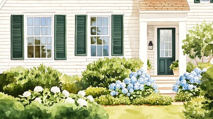 Watercolor Cape Cod exterior with white cedar shingles, dark green shutters, and a well-maintained front garden of hydrangeas, soft watercolor tones of green, blue, and beige, HD clarity