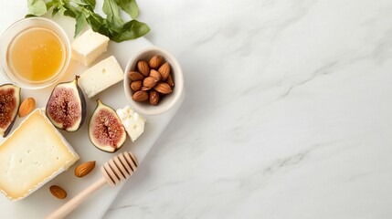 Cheese, figs, almonds, honey on marble