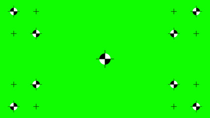 Greenscreen template. Green background with tracking black cross marks. Chromakey video technology to add visual effects or VFX in footage during movie post-production phase. Vector flat illustration.