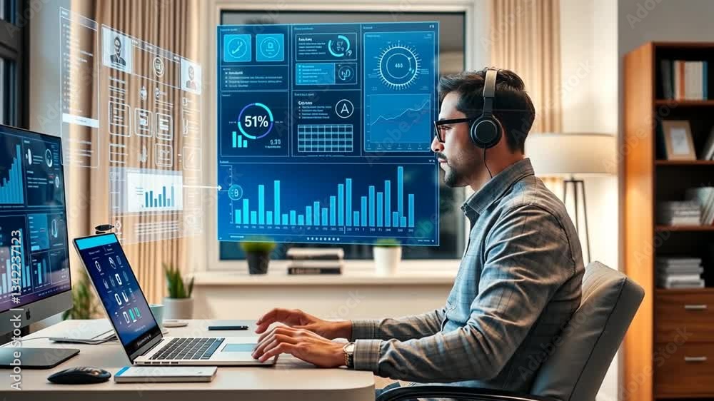 Poster man analyzes financial data with augmented reality interface at his workstation creating a modern fu