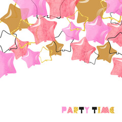 Watercolor pink and golden star shaped balloons. Party time vector illustration. Happy Birthday card