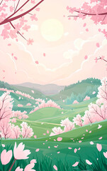Pastel Landscape of Rolling Hills with Cherry Blossoms and Falling Petals at Sunset
