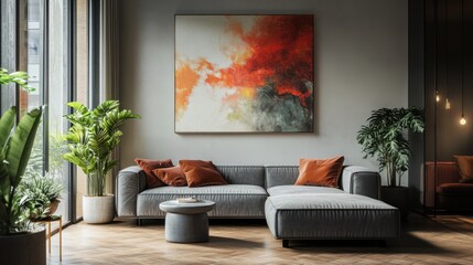 Modern Living Room with Abstract Art and Greenery