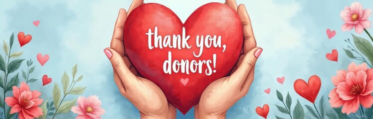 Digital illustration for Donor Day featuring hands holding red heart with thank donors text. Charity, healthcare, donation, support concepts. Positive emotions design for gratitude, appreciation