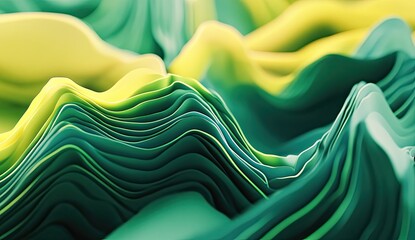 Abstract undulating layers of vibrant green and yellow.  Intricate, wavy, textured forms create a dynamic visual effect.  Close-up view of the patterns