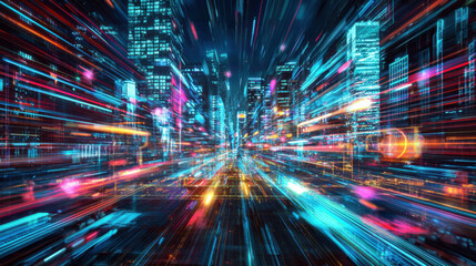 Obraz premium A futuristic digital cityscape with neon holograms, sleek high-rise towers, dynamic light trails, and an immersive cybernetic ambience that captivates the imagination.