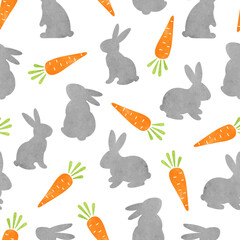 Rabbits anad carrots seamless pattern. Easter watercolor vector illustration