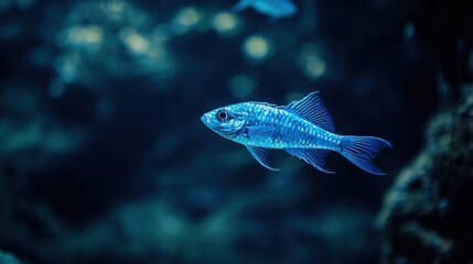 Naklejka premium A single silver fish swims in dark blue aquatic surroundings