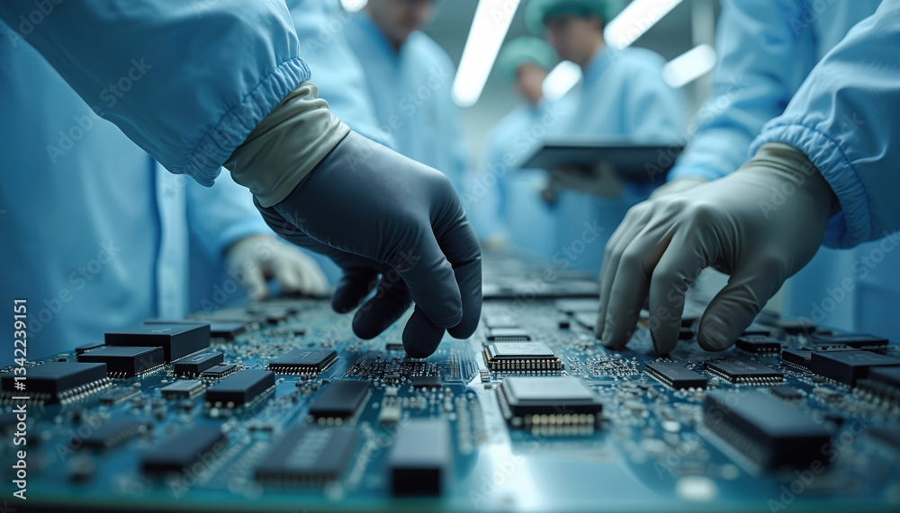 Aufkleber Cleanroom environment, technicians assemble microchips, processors for high-performance computers. Focus on future tech, engineering, innovation, digital service. Close-up hands working on circuit