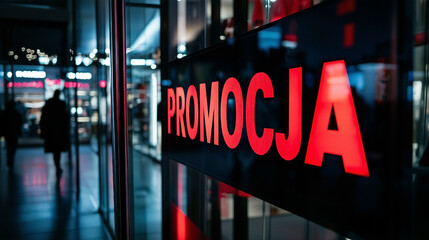 Promocja - Czerwony napis po polsku w oknie sklepowym,  © Silent26