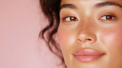 Naklejka premium Radiant smile showcases natural beauty, soft curls frame glowing