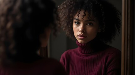 Obraz premium Close-up portrait of a beautiful young woman gazing at her reflection