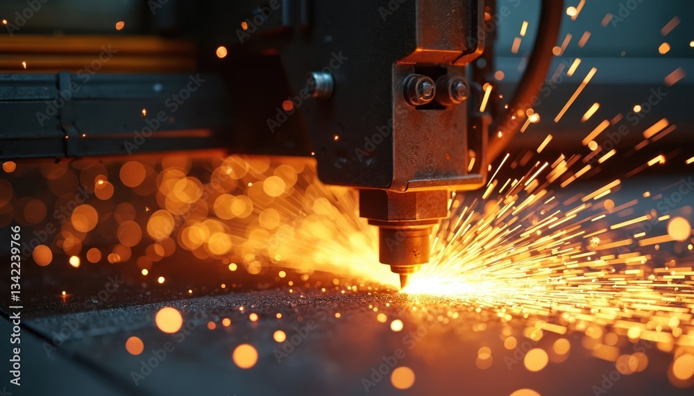 Aufkleber close-up of intense laser cutter slicing through metal with flying sparks. modern manufacturing mach