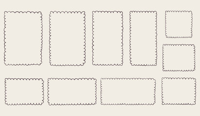 Hand drawn scalloped frame set. Chalk scribble wavy pencil texture doodle curly borders collection. Different sizes: wedding invitation, greeting card, postcard design. Vintage vector illustration