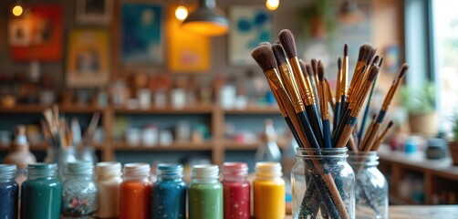 Art store interior with large assortment of artist supplies paints, brushes. Retail space for professional, hobbyist artist. Creative art studio painting, drawing. Colorful jars, artistic workplace.
