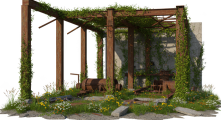 Overgrown Ruins Rusty Metal Structure with Lush Greenery and Wildflowers