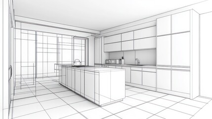 Modern Kitchen Design: Architectural Wireframe Rendering