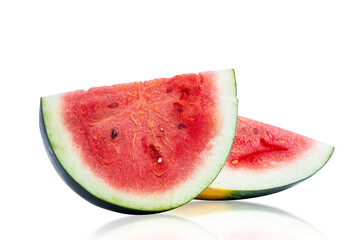 Fresh watermelon slices with reflection on white background