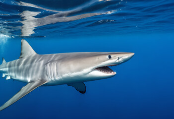 Fototapeta premium Great white shark in deep blue water.