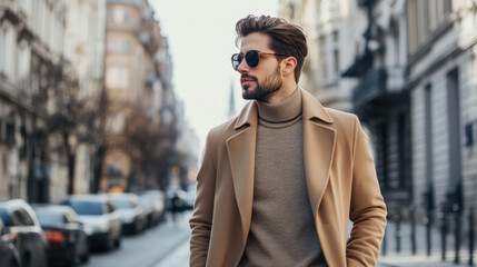 Obraz premium Portrait of a man in a stylish outfit, confidently walking down a city street, emphasizing fashion and urban lifestyle, dynamic city atmosphere