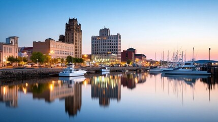 Naklejka premium Coastal city skyline at dawn (1)