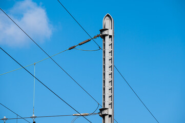 High voltage electricity pole for trains in Brussels old town, Brussels Capital Region, Belgium....