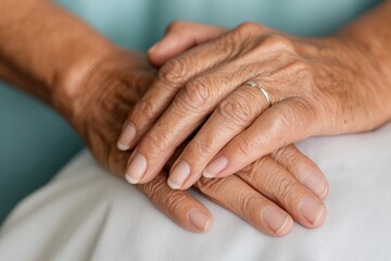 Gentle hands resting together, showcasing age and tenderness in
