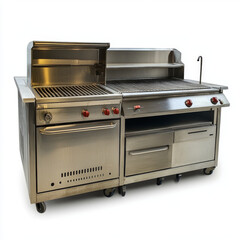 Large commercial stainless steel gas grill with oven and multiple burners for restaurant kitchen equipment and catering use
