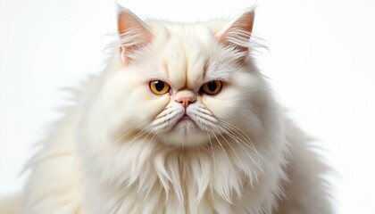 Close-up portrait fluffy white Persian cat with grumpy face expression isolated on bright white background. Domestic animal posing. Gorgeous yellow eyes. Cute pet. Animal shelter adoption.
