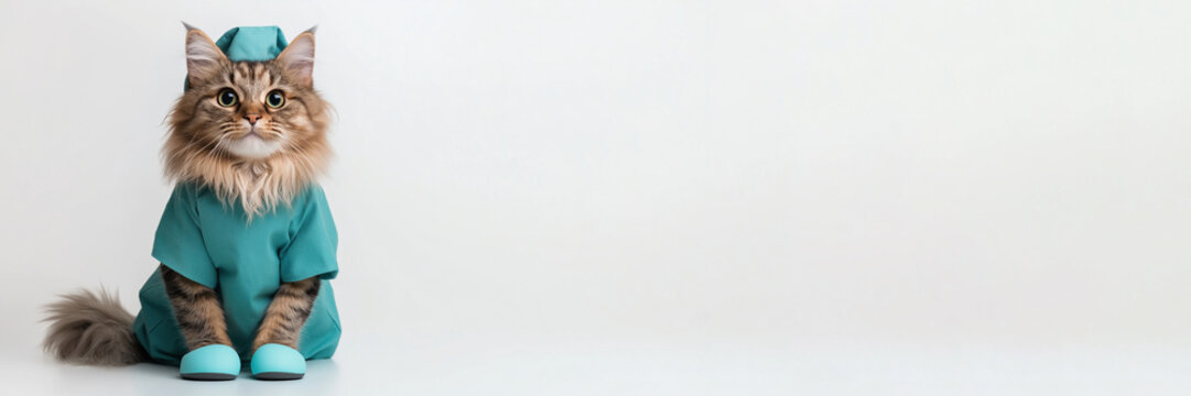 A cat is wearing a blue doctor's outfit and sitting on a white background. The cat's outfit is a costume, and it is posing for a photo. The cat's attire and pose suggest a playful