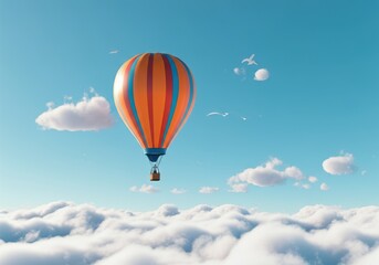 Fototapeta premium Colorful hot air balloon soaring above fluffy clouds in a clear blue sky