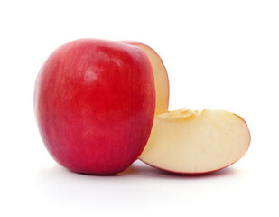 One red apple with a piece cut off.