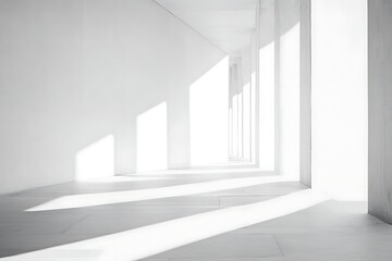 A minimalist white corridor with columns and sunlight