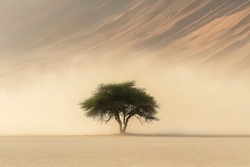 Obraz premium Desert landscape featuring a lone tree surrounded by soft sand creating a peaceful scene : Generative AI