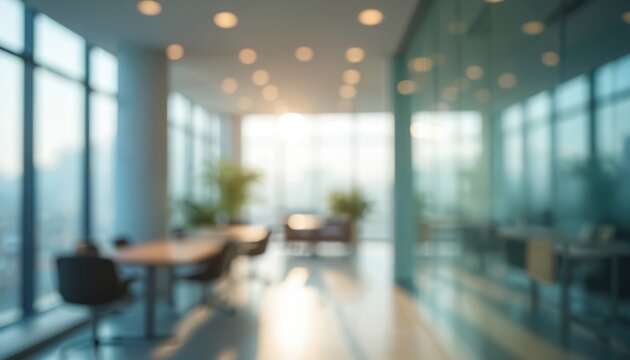 Blurred modern office interior with glass partitions filled with natural daylight. Contemporary bright pro architecture with minimalistic furniture, flora. Corporate stylish calmness design, serene