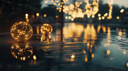 Obraz premium Golden Decorative Sphere Reflections on Calm Water Surface at Dusk