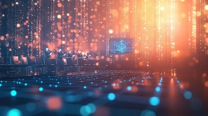 Obraz premium Abstract Futuristic Digital Network Background with Glowing Orange and Blue Particles and Lines and Grids and Patterns in a Scene Visualization Design Illustration Artwork Background.Modern Creative